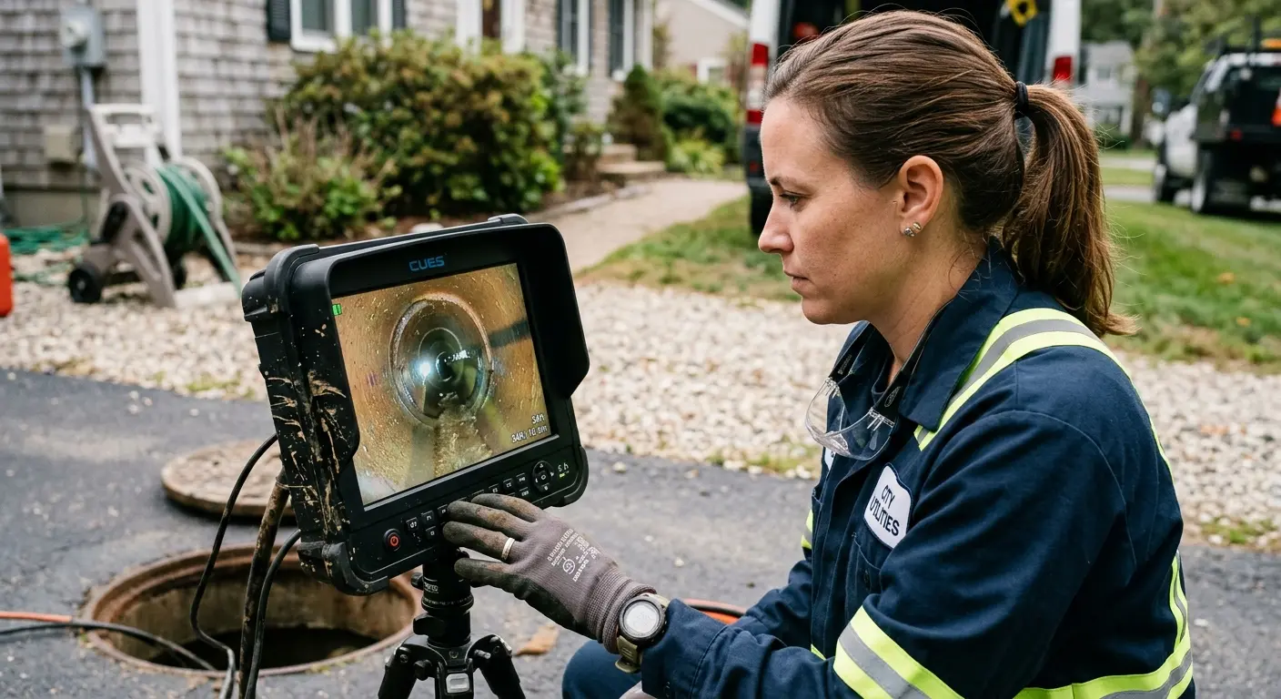 Technician reviewing sewer camera inspection footage in Northdale