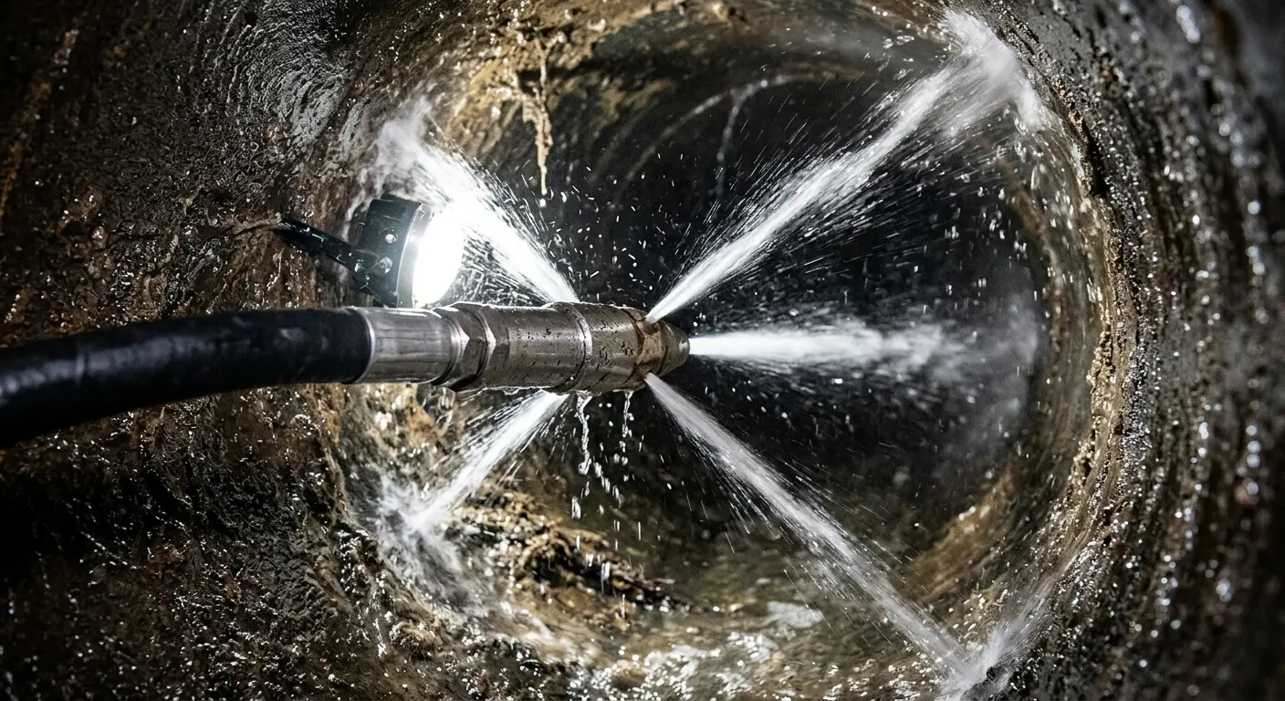 High-pressure hydro jetting nozzle cleaning sewer pipe for Trenchless Sewer Repair in Northdale
