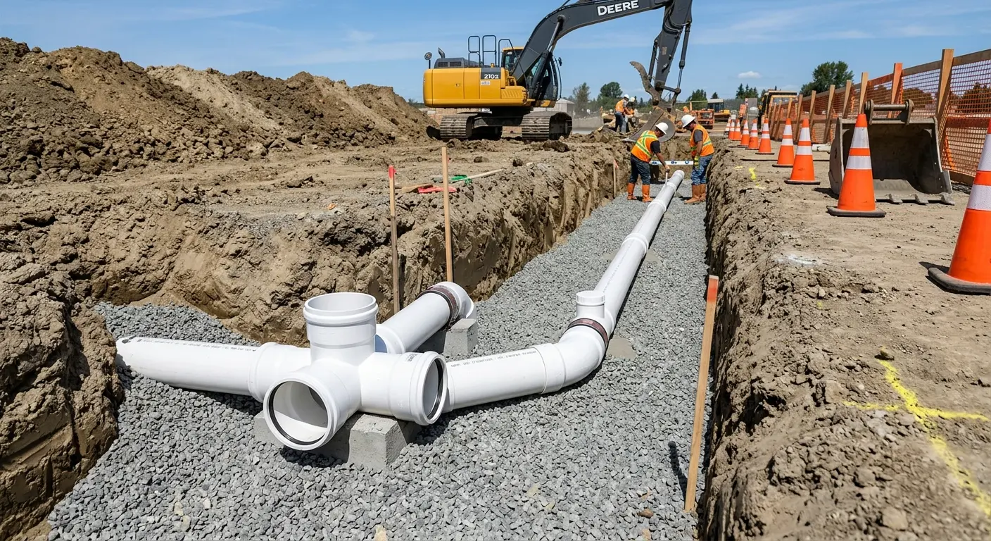 New PVC sewer pipe installation in open trench for Sewer Backup in Northdale