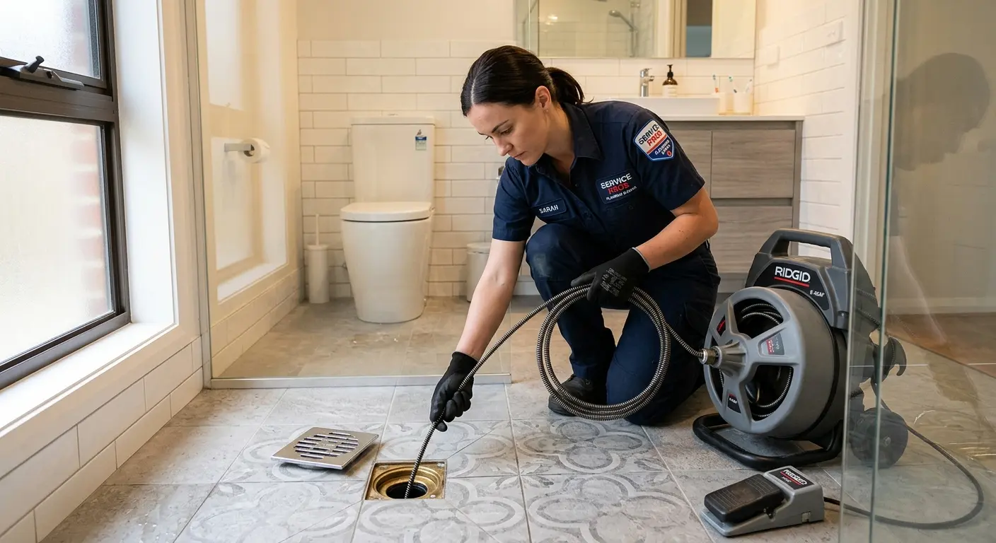 Technician clearing a bathroom floor drain for Drain Repair in Northdale